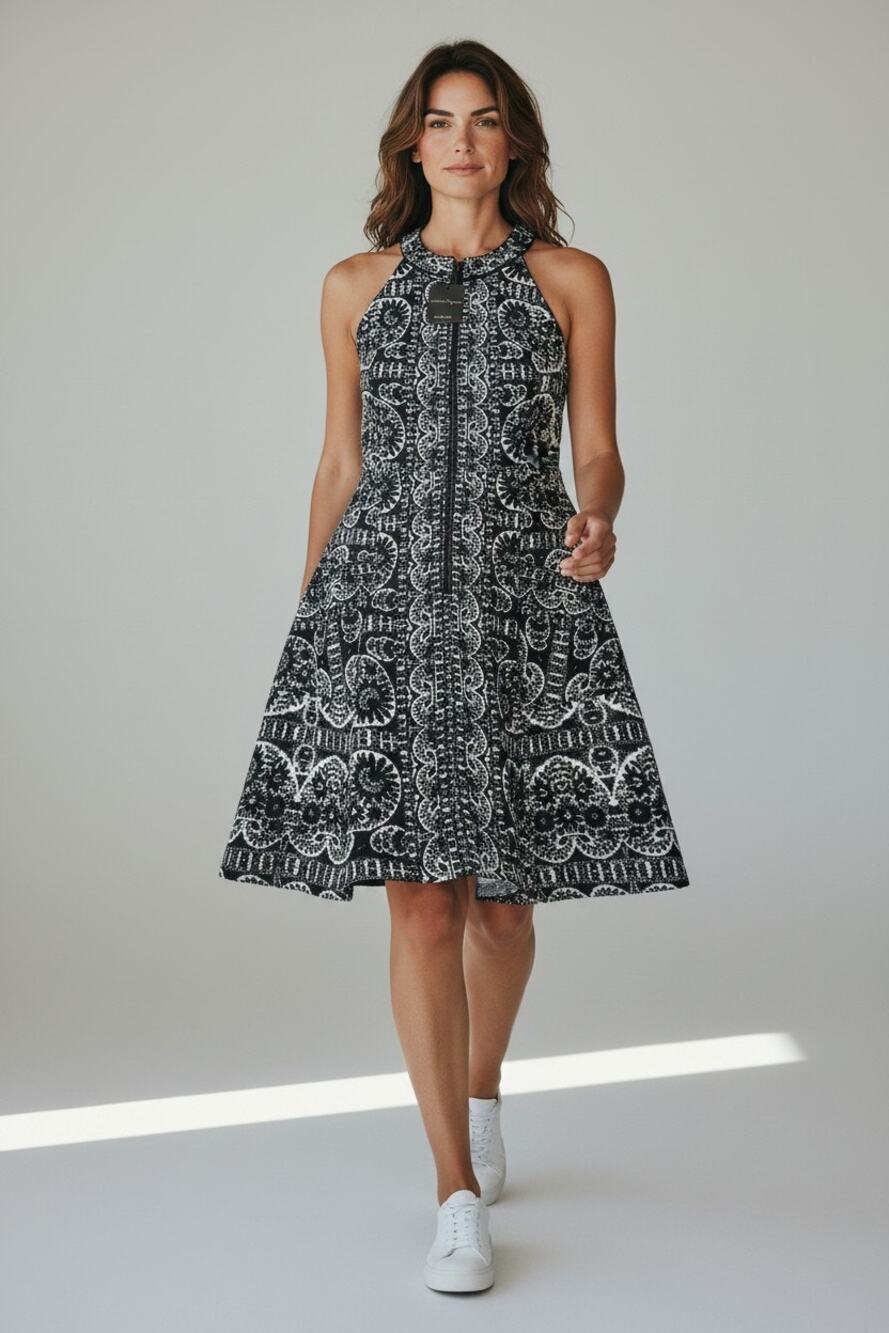 NWT Nanette Lepore Midi Dress 10 Black White Damask Paisley Halter Zip Front